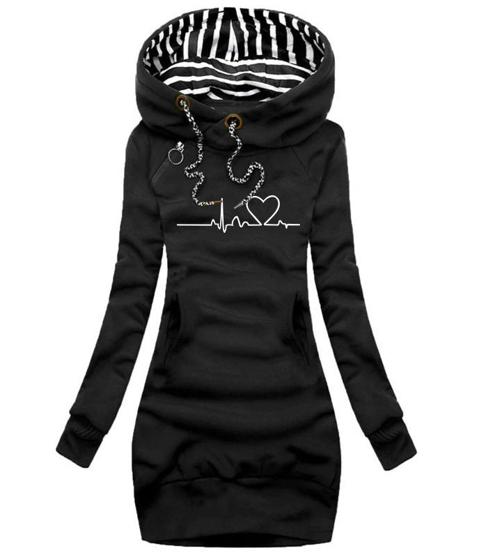 Heart Print Women's Hoodie with Geometric Patterns and Pockets