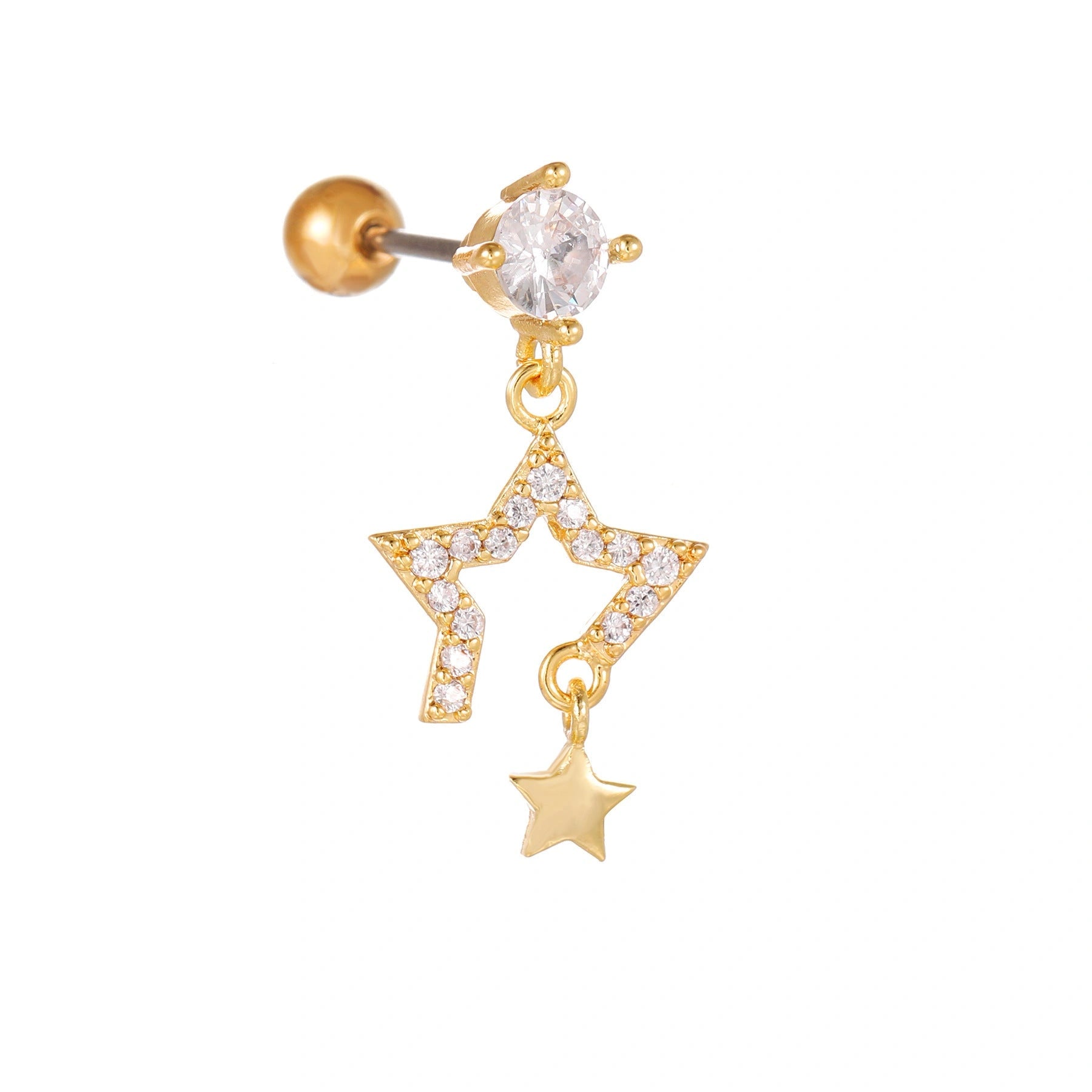Star and Moon Cubic Zirconia Stainless Steel Cartilage Earring