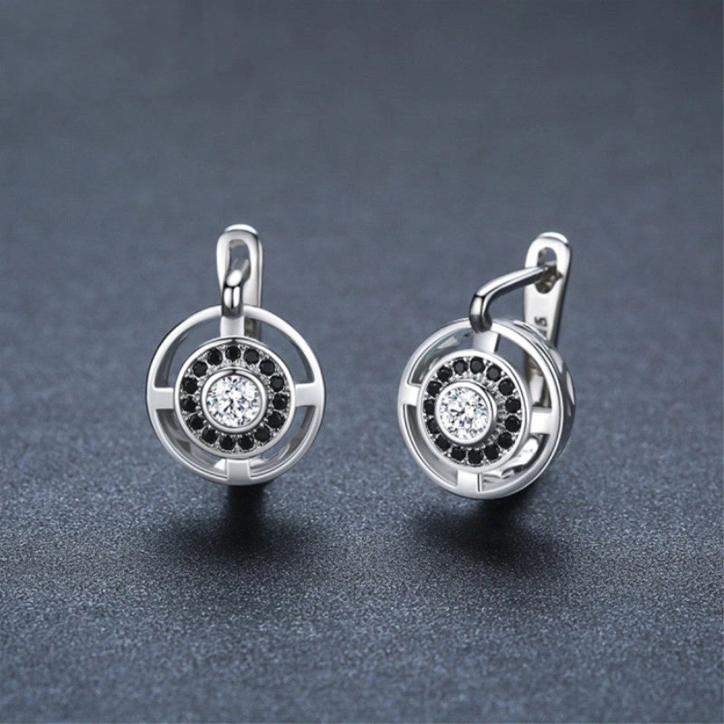 Black round zircon-studded copper earrings for women