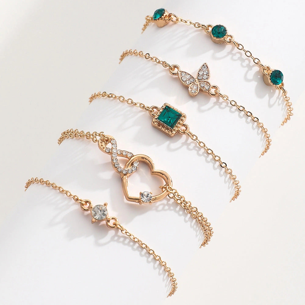 Bohemian 5-Piece Green Crystal Bracelet Set for Women