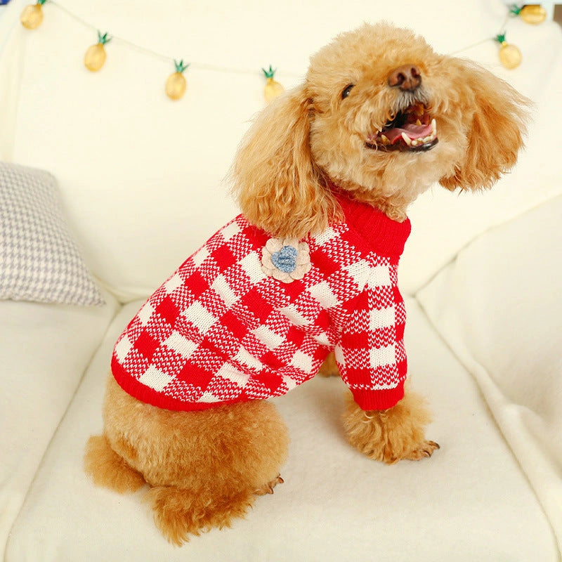 Bowknot Hollow Knit Dog Sweater with Lattice Pattern