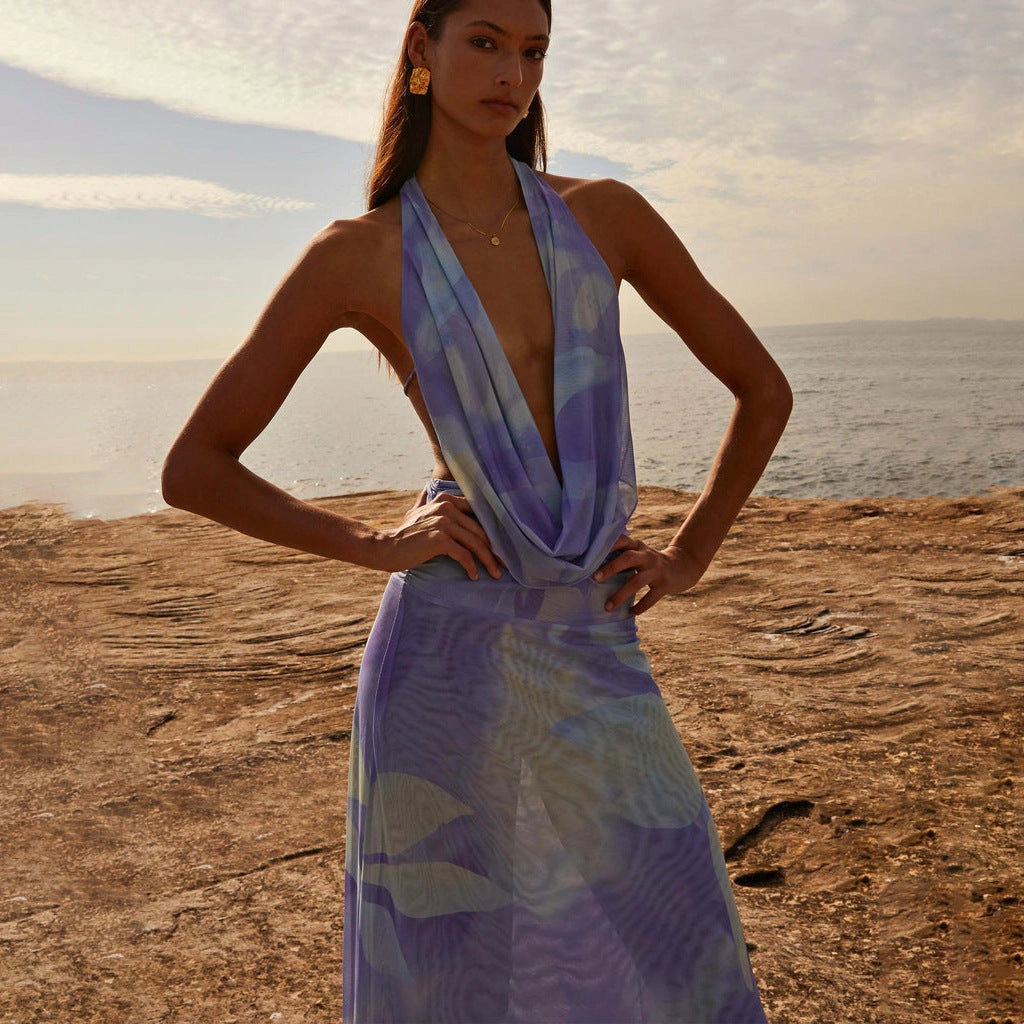 Tie Dye Printing Deep V-neck Halter Backless Long Dresses Set for Women