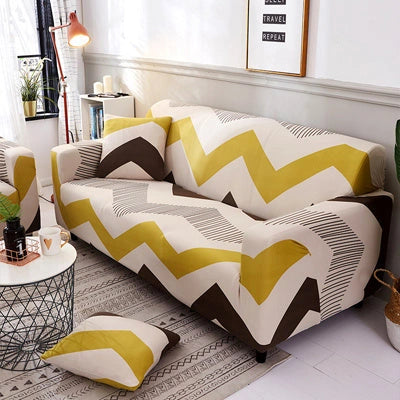 Stretchable geometric print sofa cover with spandex blend