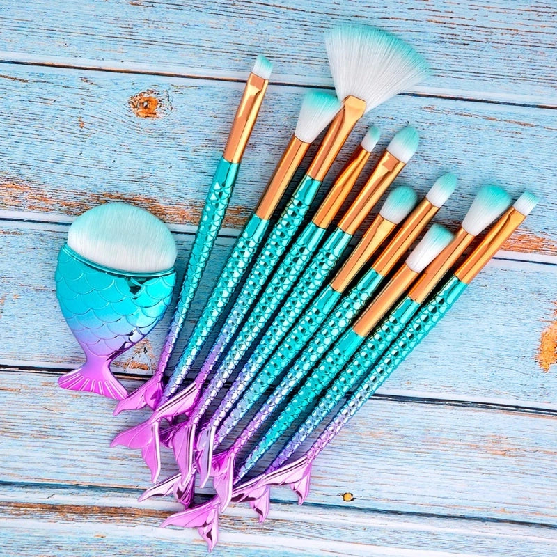 11-piece Mermaid Themed Makeup Brush Set with Synthetic Fibres
