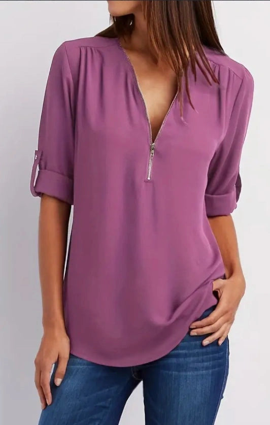 Ruched Half Zip V Neck Blouse with Rollable Sleeves