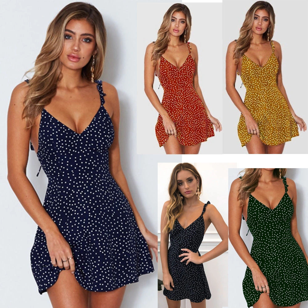 Polka-dot Strappy Dress for Women: Summer Beach Sundress with V-neck Design