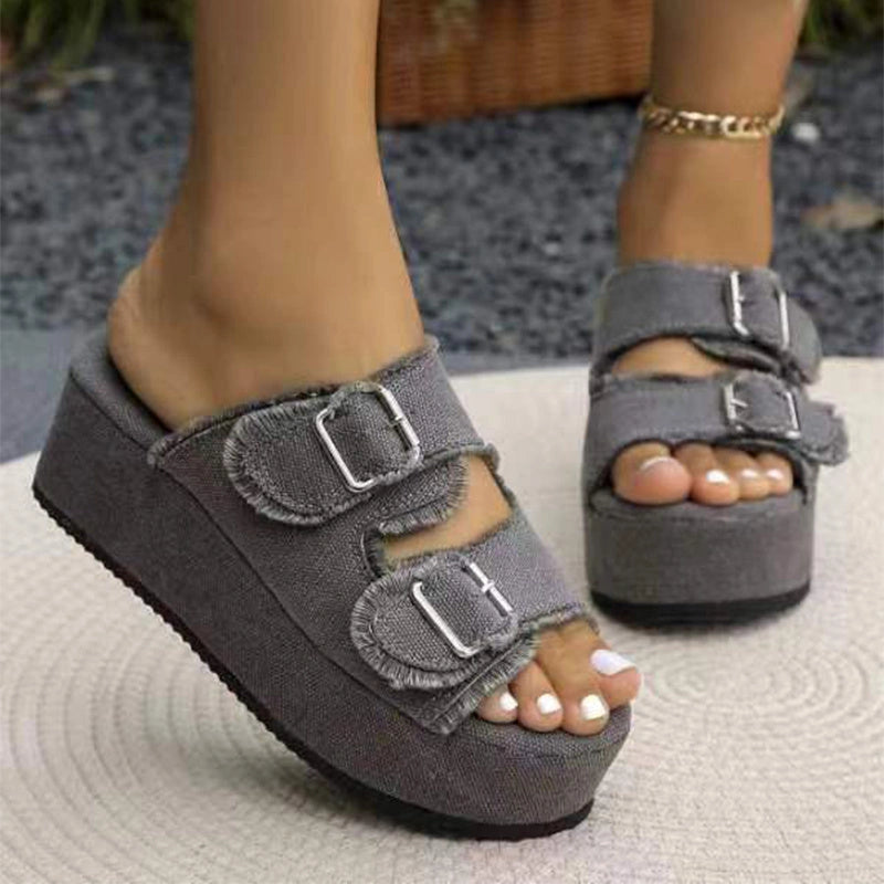 Denim buckle wedges sandals with thick bottom for women