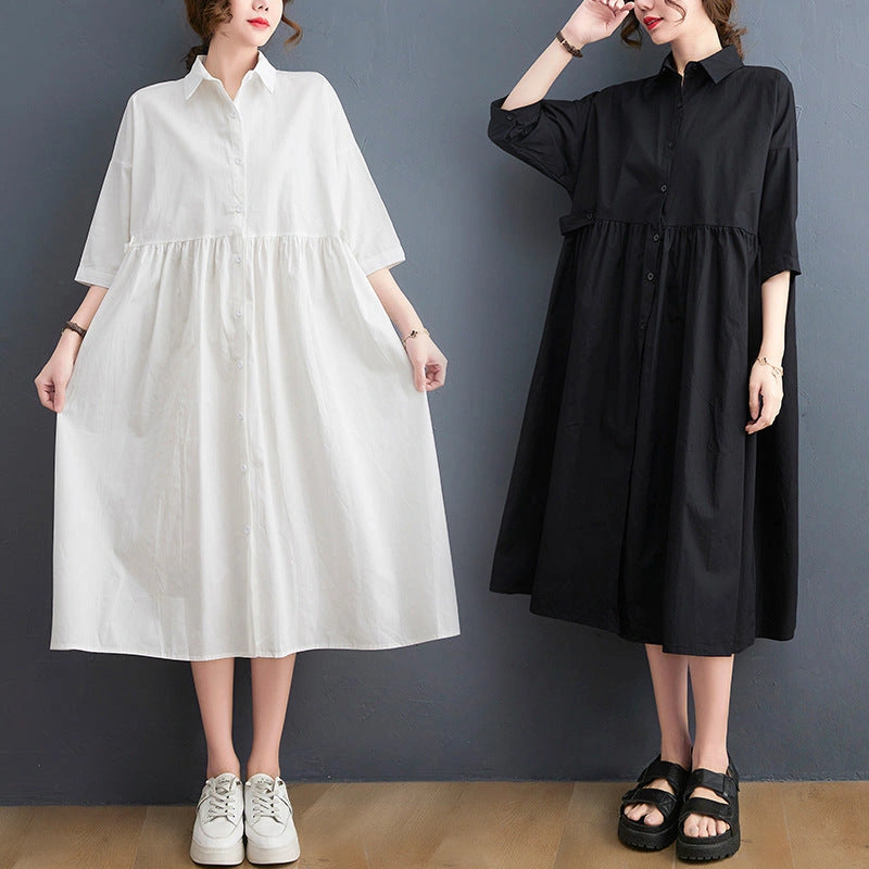 Casual Linen Short Sleeve Dress with Polo Collar