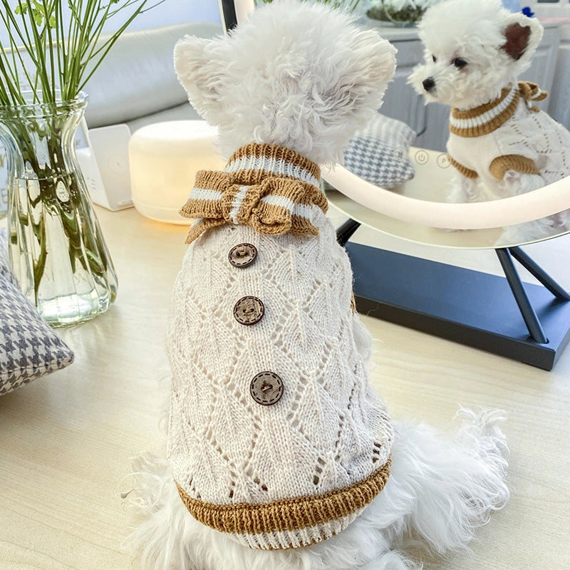 Bowknot Hollow Knit Dog Sweater with Lattice Pattern