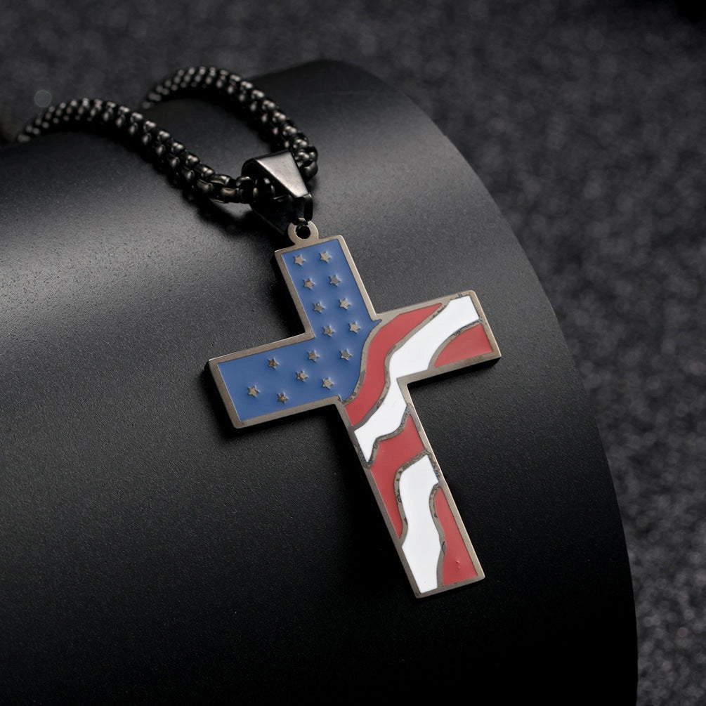 Stainless Steel Flag Cross Necklace for Men