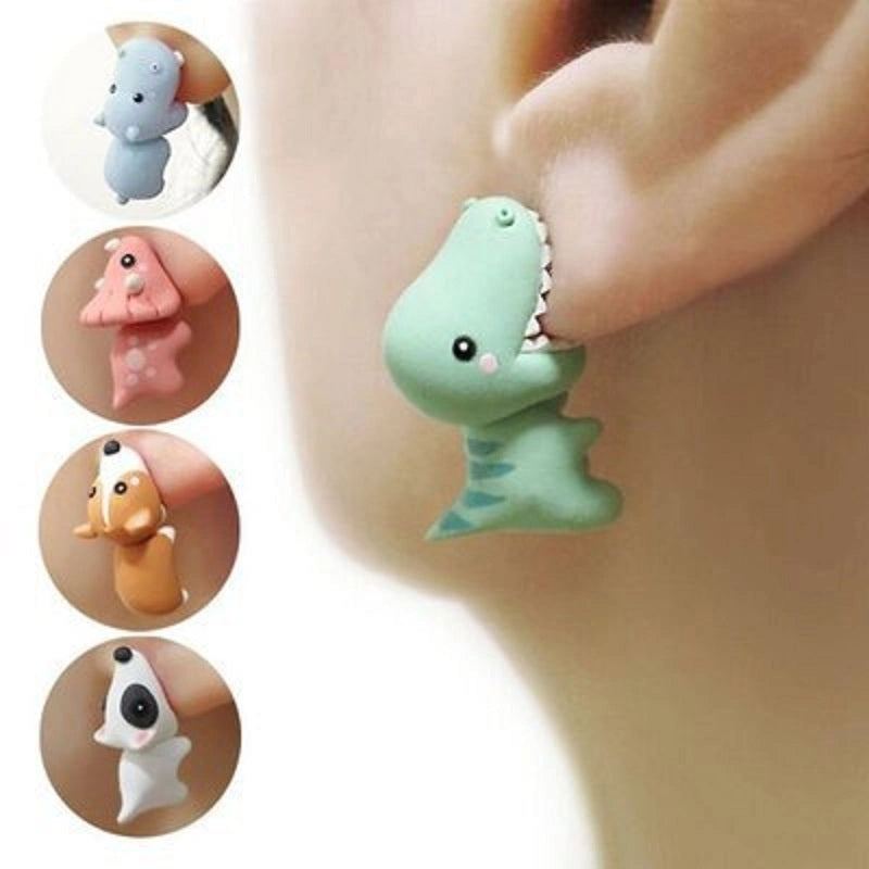 Animal Bite Earrings Set with Dinosaur and Whale Designs