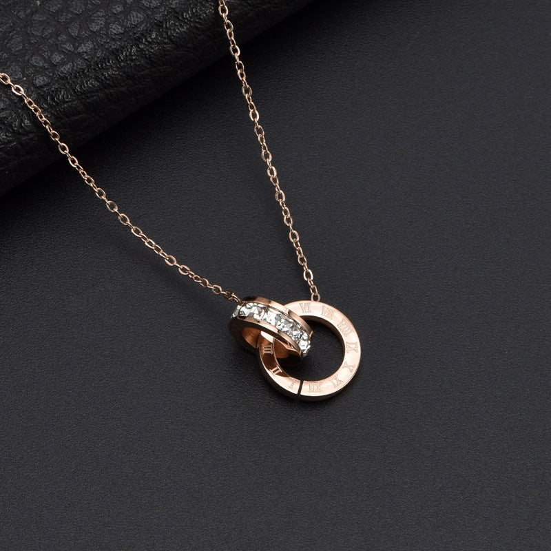 Roman Numeral Diamond Necklace with Titanium Steel Chain for Women