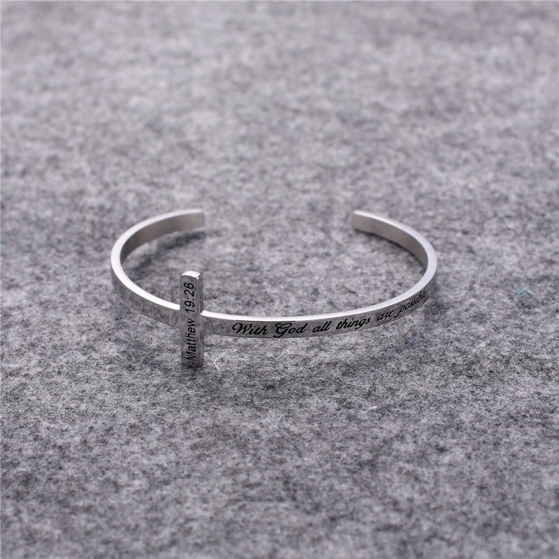 Titanium steel bracelet with scripture cross lettering
