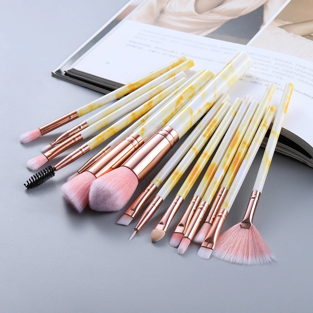 15 Marbled Design Makeup Brushes Set with Nylon Hair