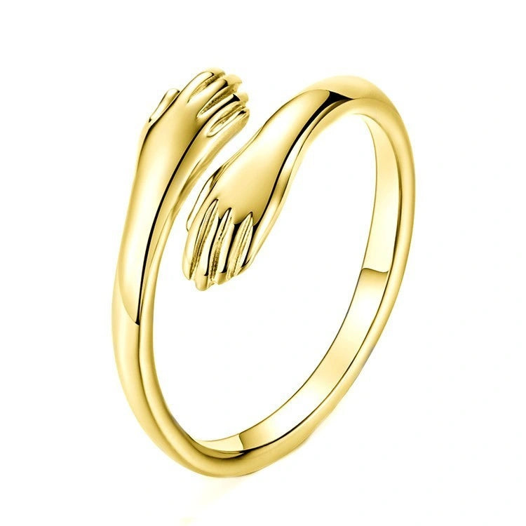 Adjustable love hug couple ring in brass and electric degree white steel