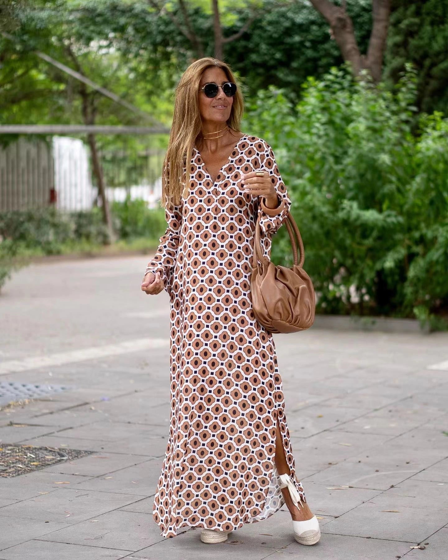 Stylish Geometric Print V-neck Long Dress for Women