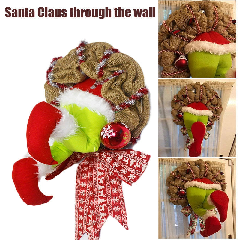 Christmas Thief Burlap Wreath with Santa Legs, Festive Door Decoration