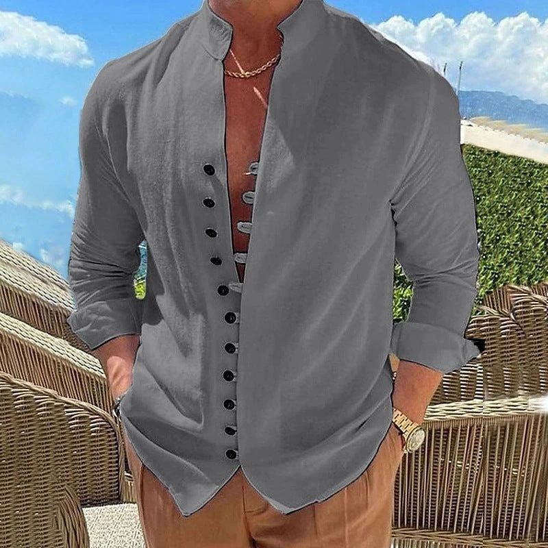 Cotton and linen loose long sleeve shirt with stand collar