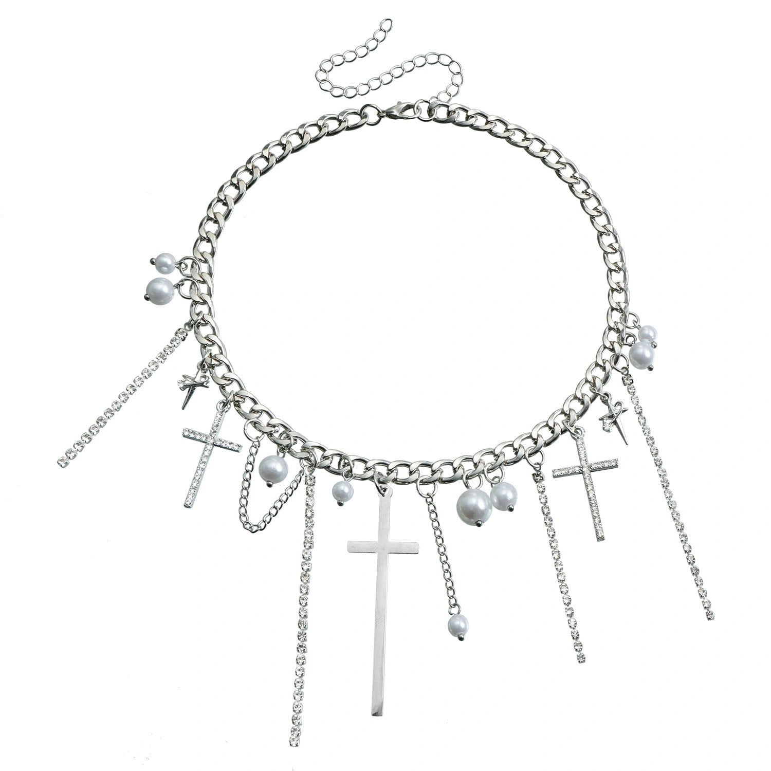 Cross Tassel Pearl Collarbone Chain Necklace with Alloy Pendant