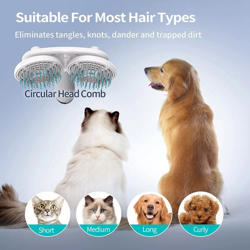 Double-headed negative ion pet brush with self-cleaning feature