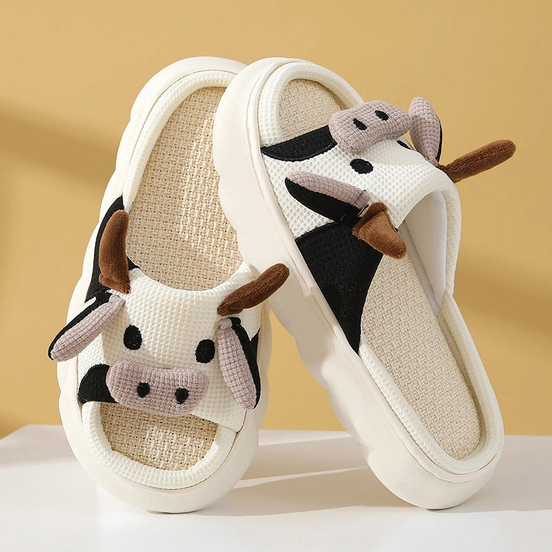 Cartoon Cow Frog Linen Slippers with Non-slip PVC Sole