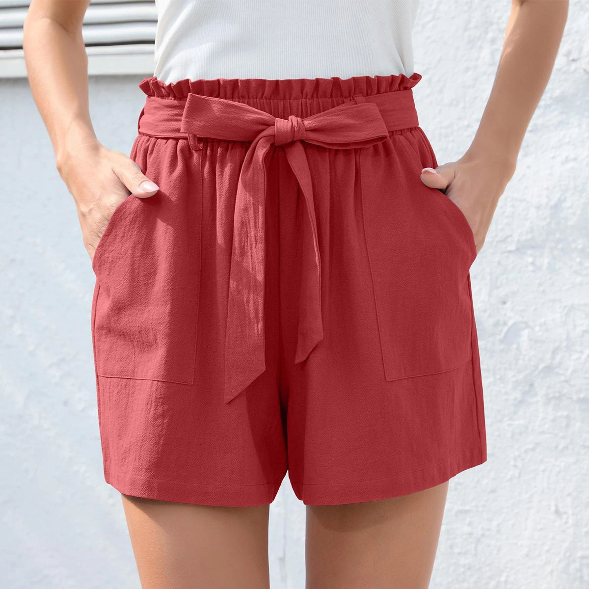 Stylish High Waist Ruffle Bow Tie Shorts with Pockets