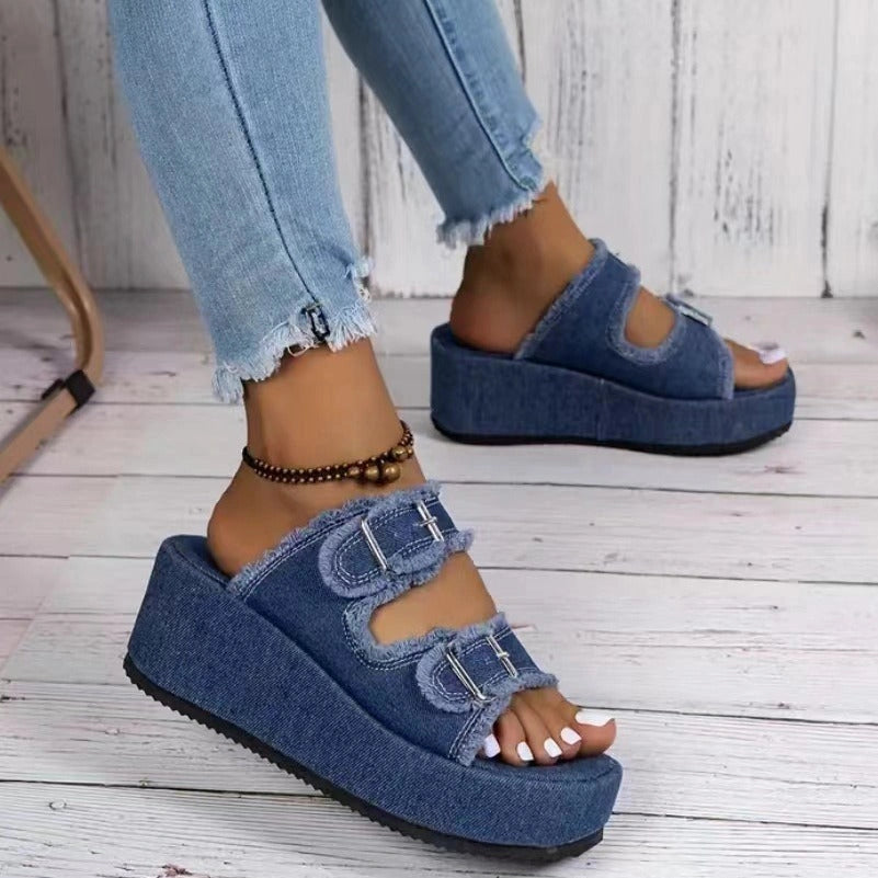 Denim buckle wedges sandals with thick bottom for women