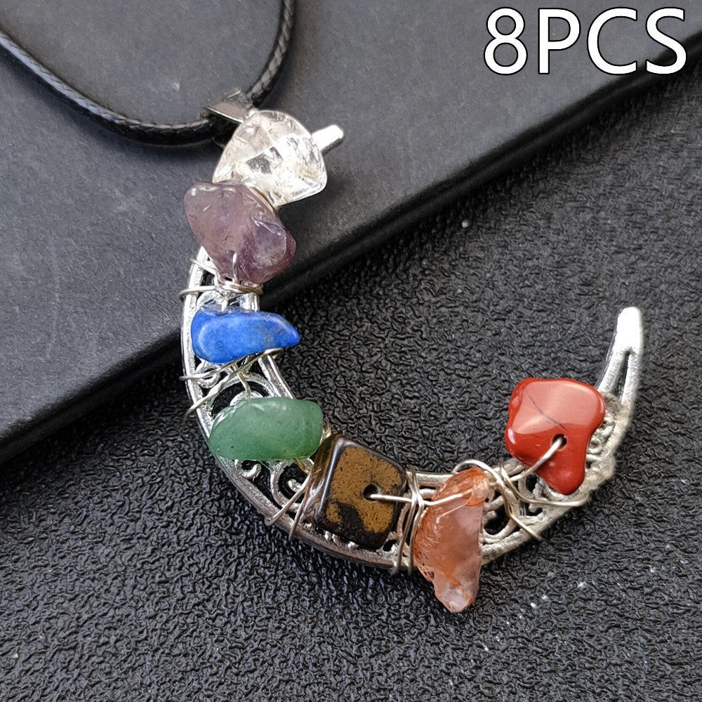 Seven Chakras Crystal Moon Pentagram Necklace