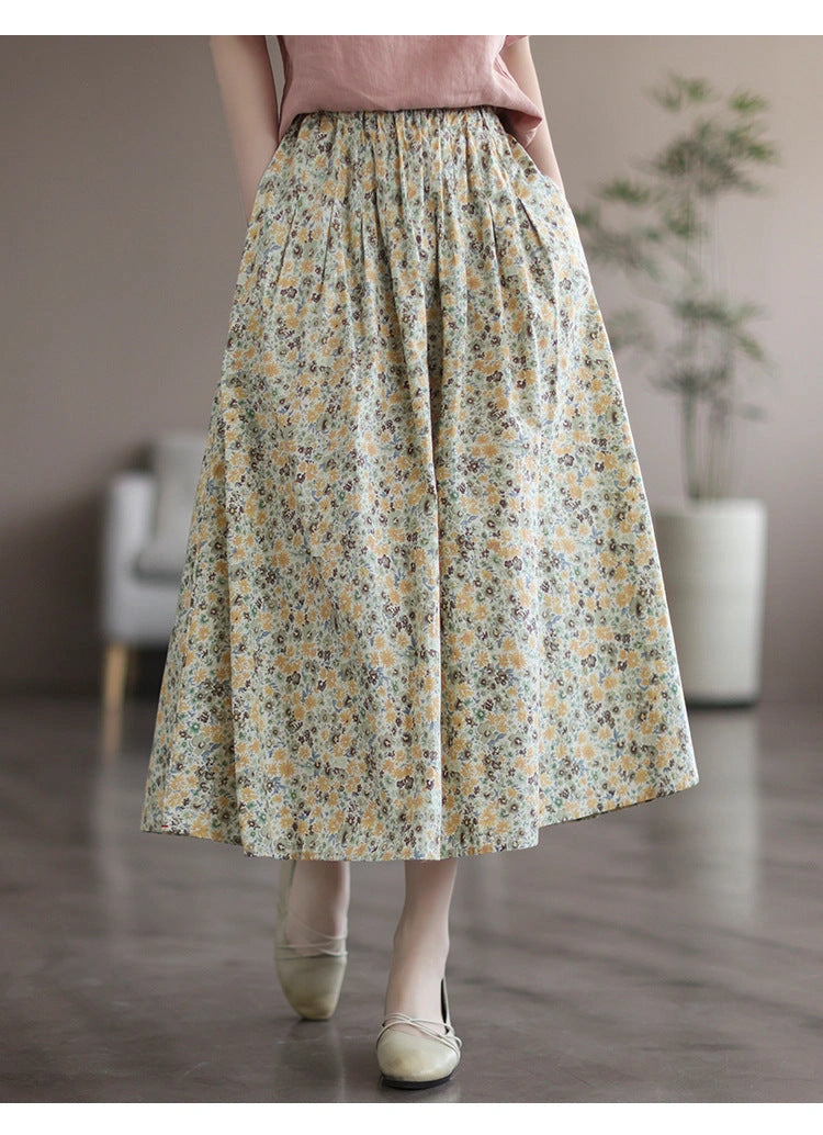 Artistic Floral Washed Cotton Skirt with Urban Leisure Style