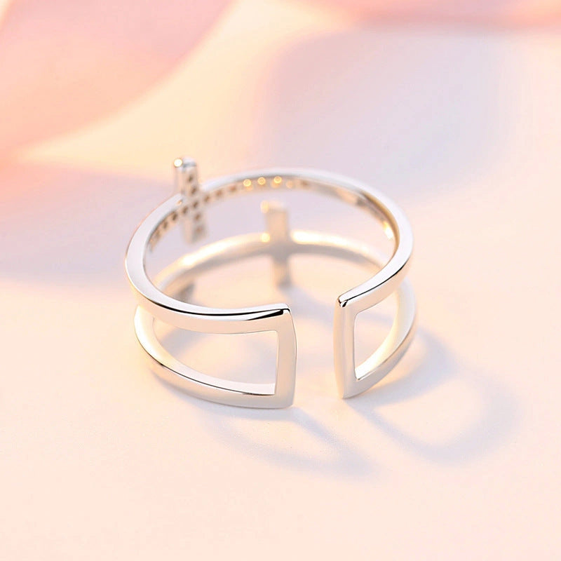 Double Cross Miniature Copper Inlaid Zircon Ring for Women with Adjustable Opening