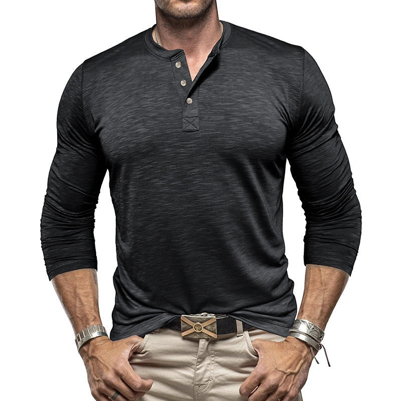 Men's Long-sleeved Henry Collar T-shirt in Slub Cotton