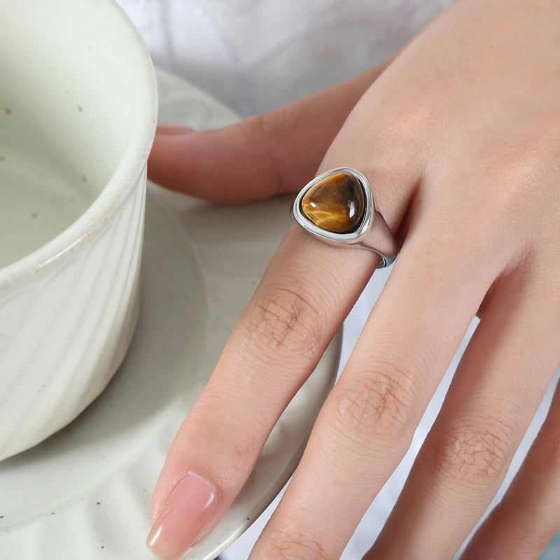 Titanium steel ring with natural stone and retro design