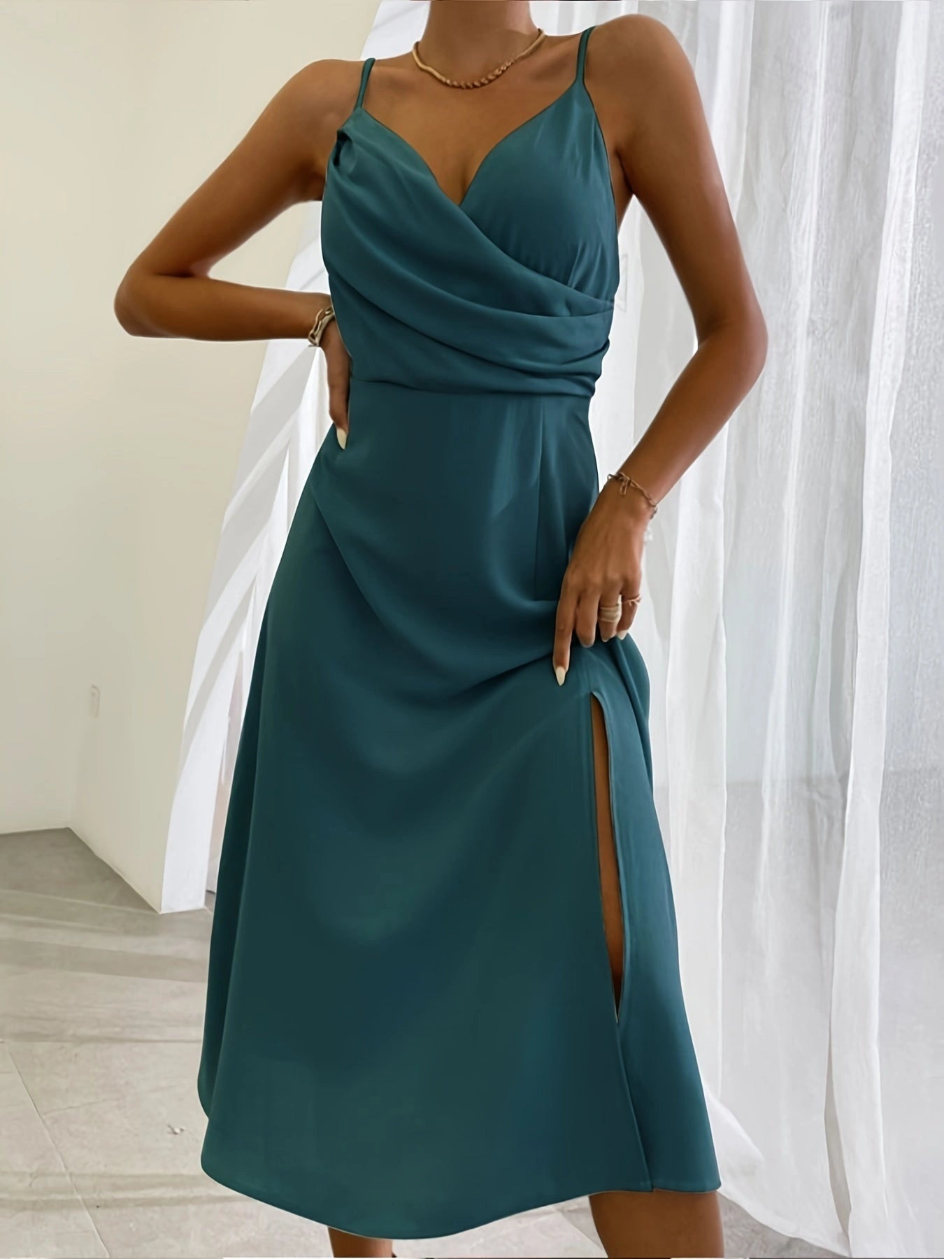 V-neck Slip Dress with Floral Print and Side Slit