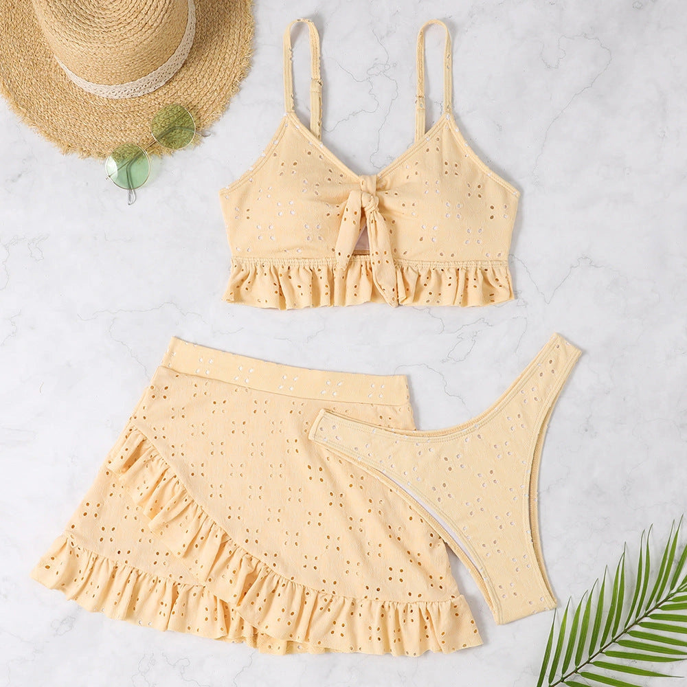 3-piece Beach Bikini Set with Hip-hugging Skirt and Ruffle Design