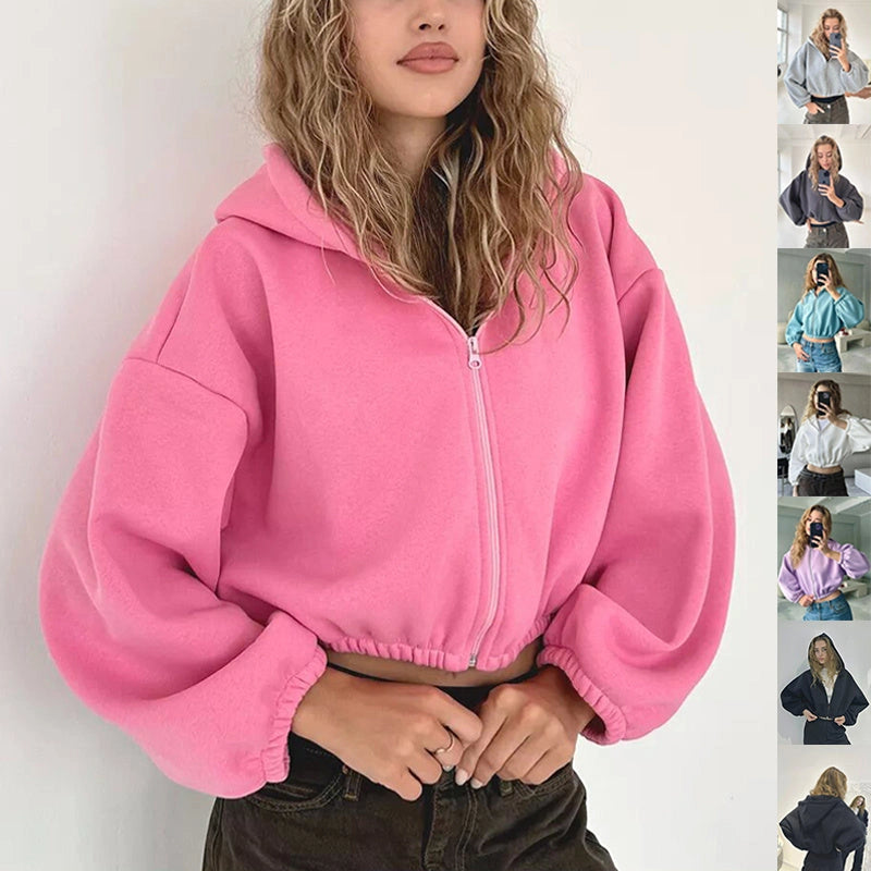 Slim-fit Y2K Zip-up Hooded Cardigan in Cotton Blend