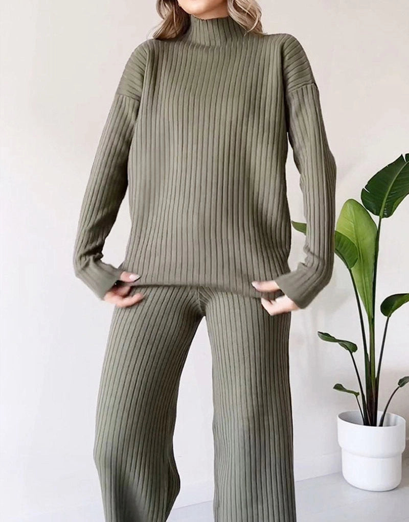 Turtleneck Knitted Suit with Loose Split Design and Straight Trousers for Women