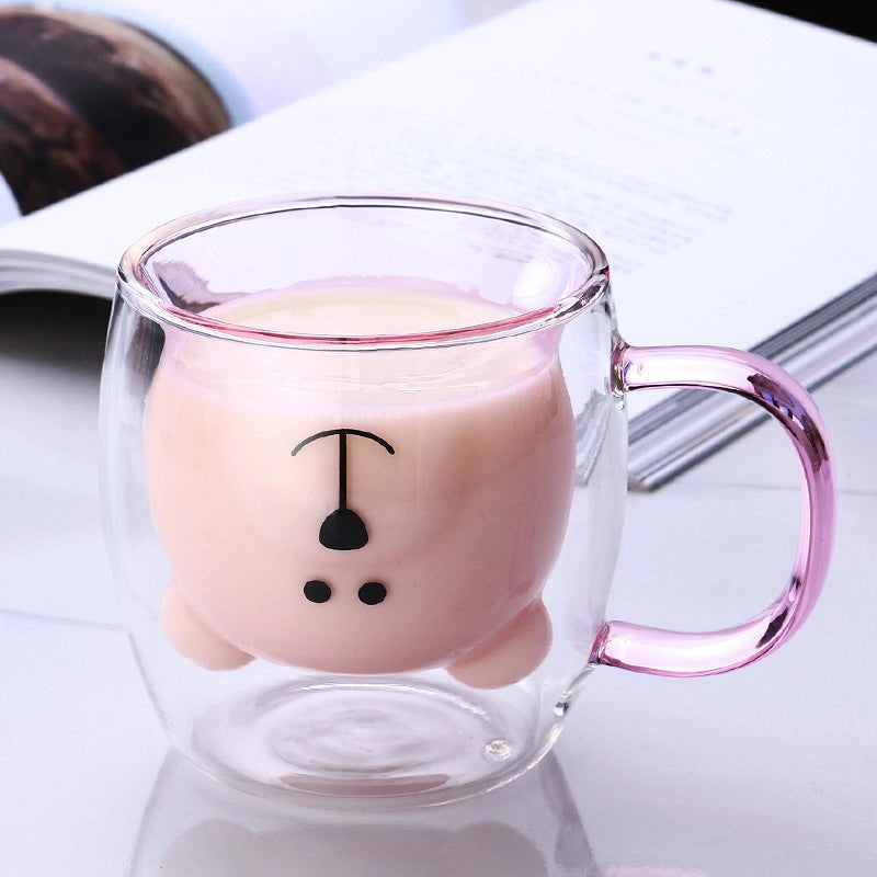 Creative Bear Double Coffee Milk Glass for Kids Summer Drinks