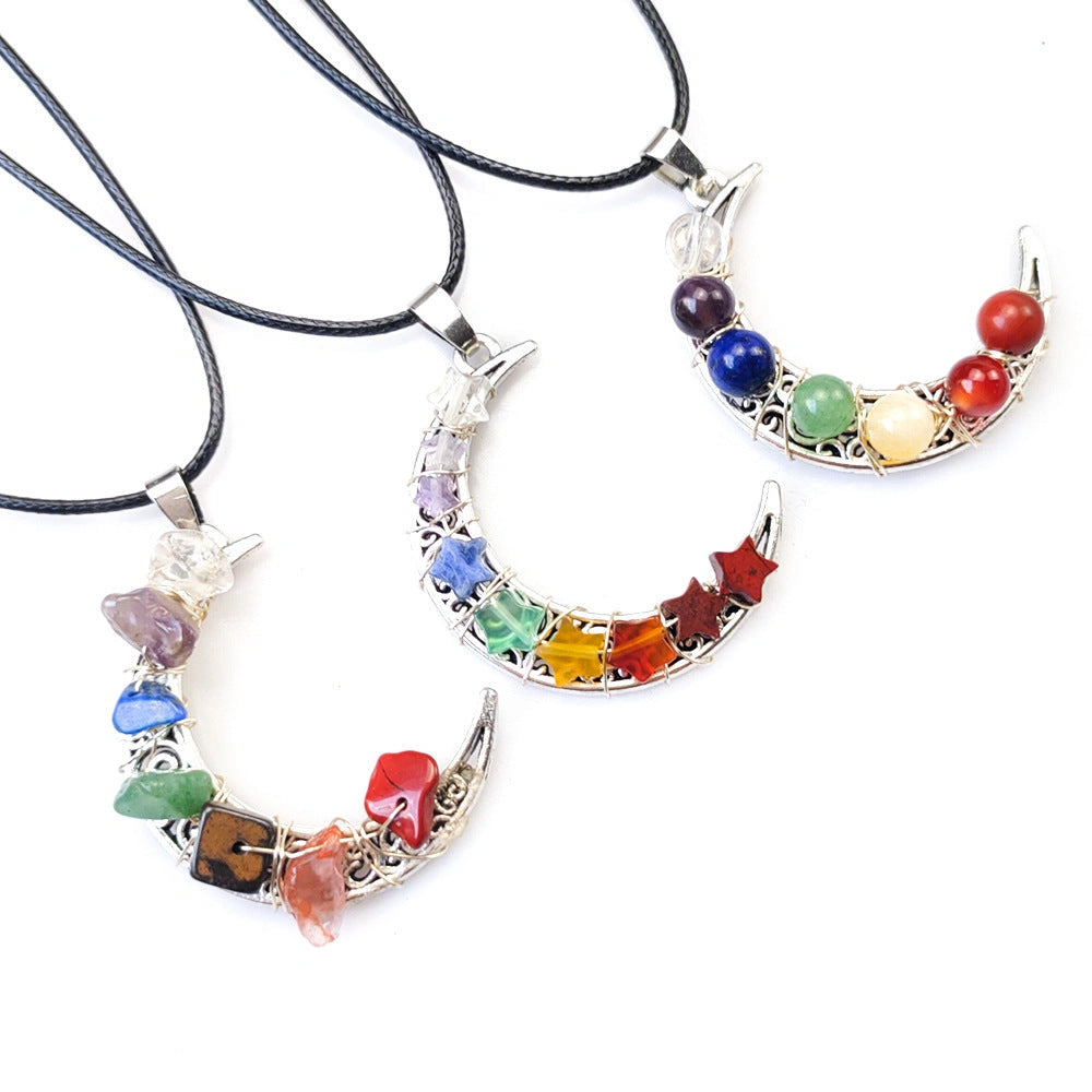 Seven Chakras Crystal Moon Pentagram Necklace