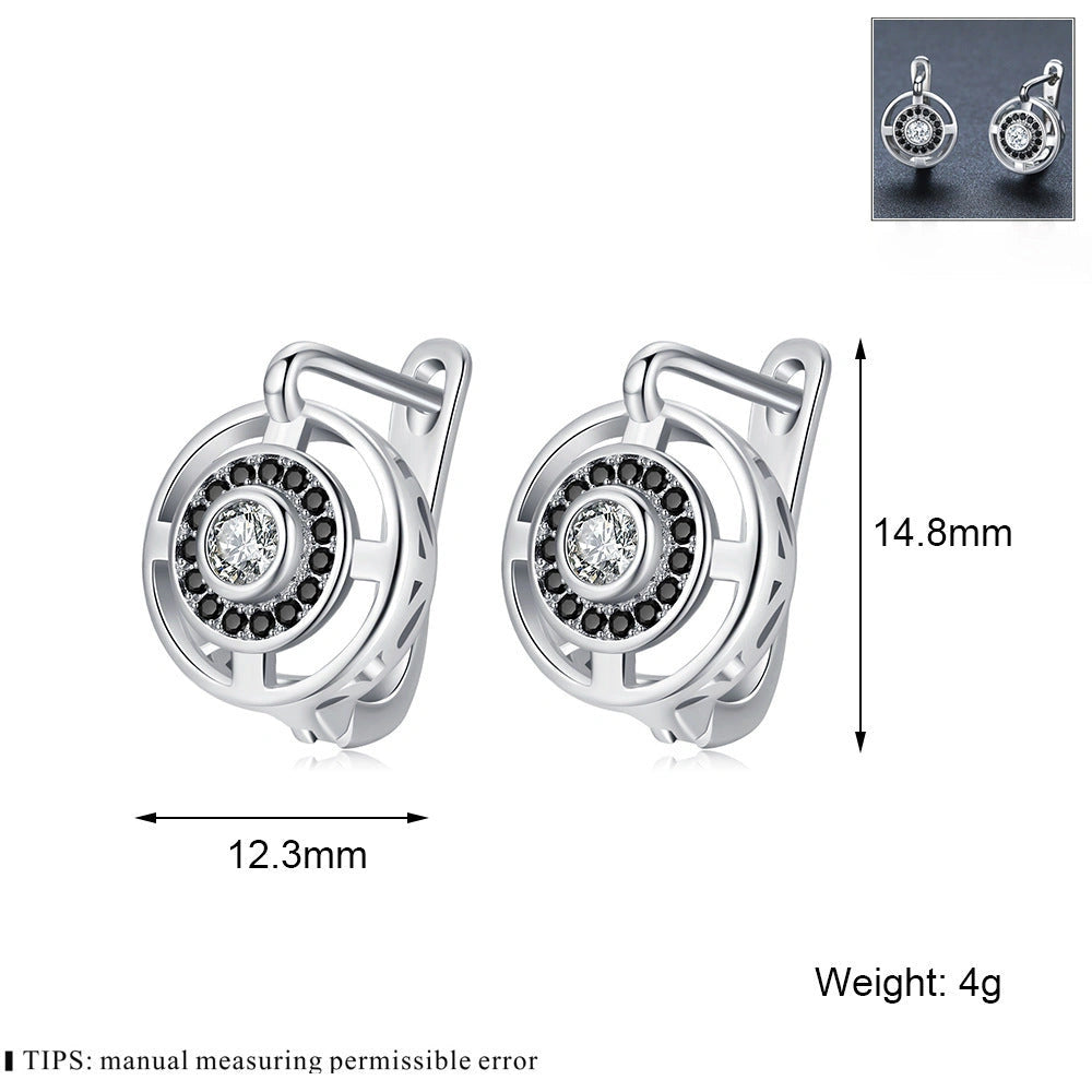 Black round zircon-studded copper earrings for women