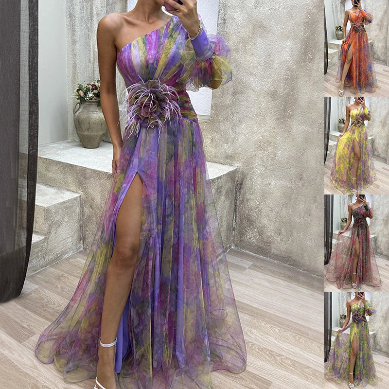Stylish Mesh Tie-Dye Off-Shoulder Slit Dress for Summer
