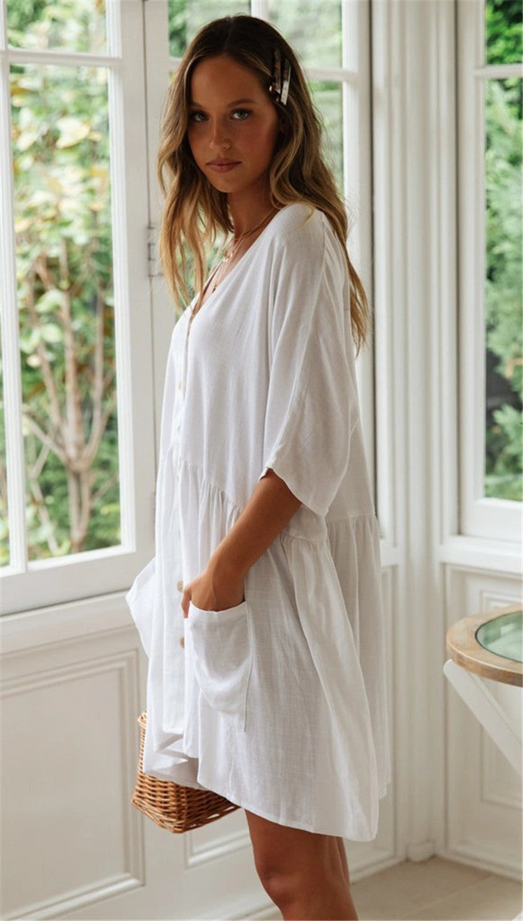 Beach Bikini Blouse with Loose Button Vacation Skirt