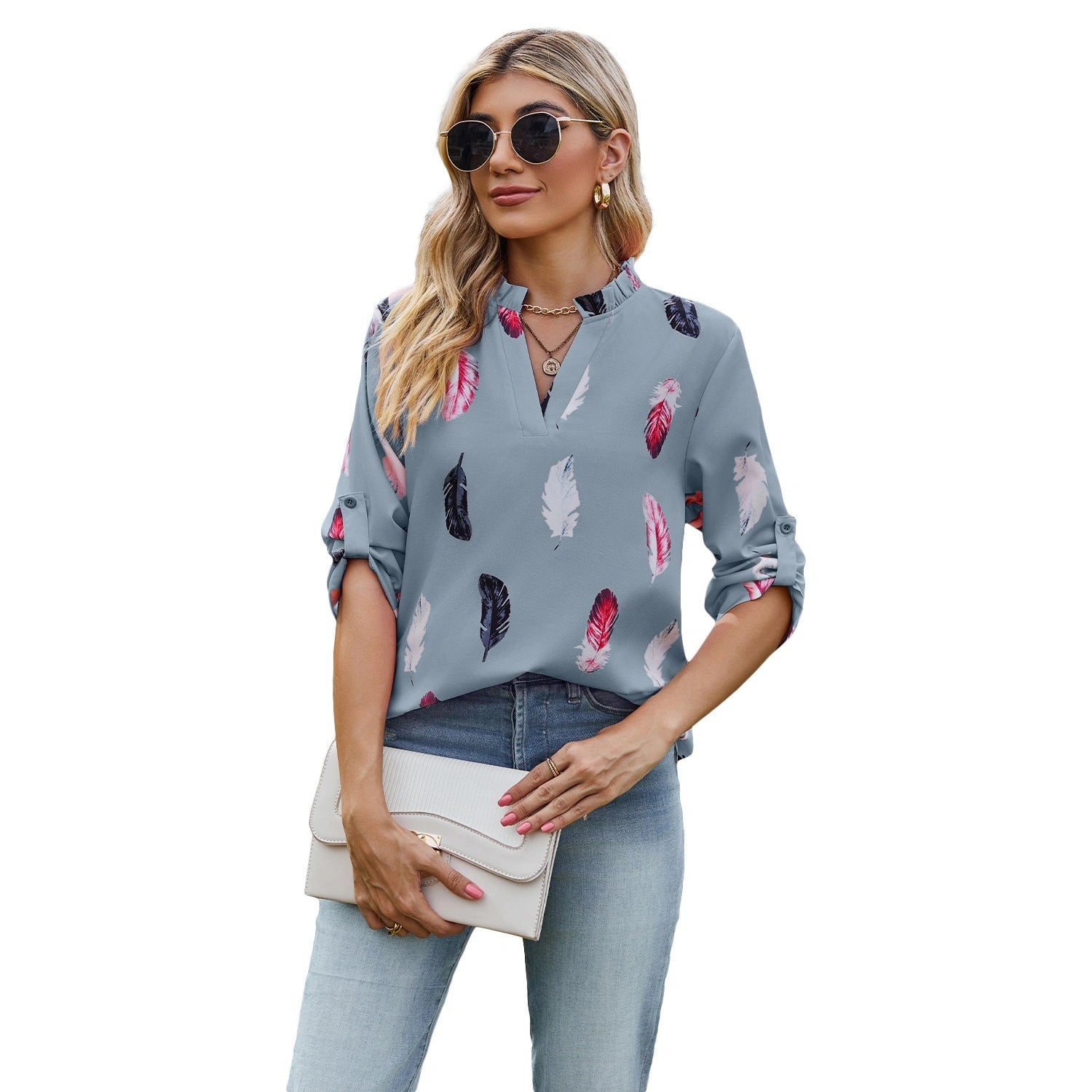 V-neck Feather Printed Loose Shirt with Regular Sleeves