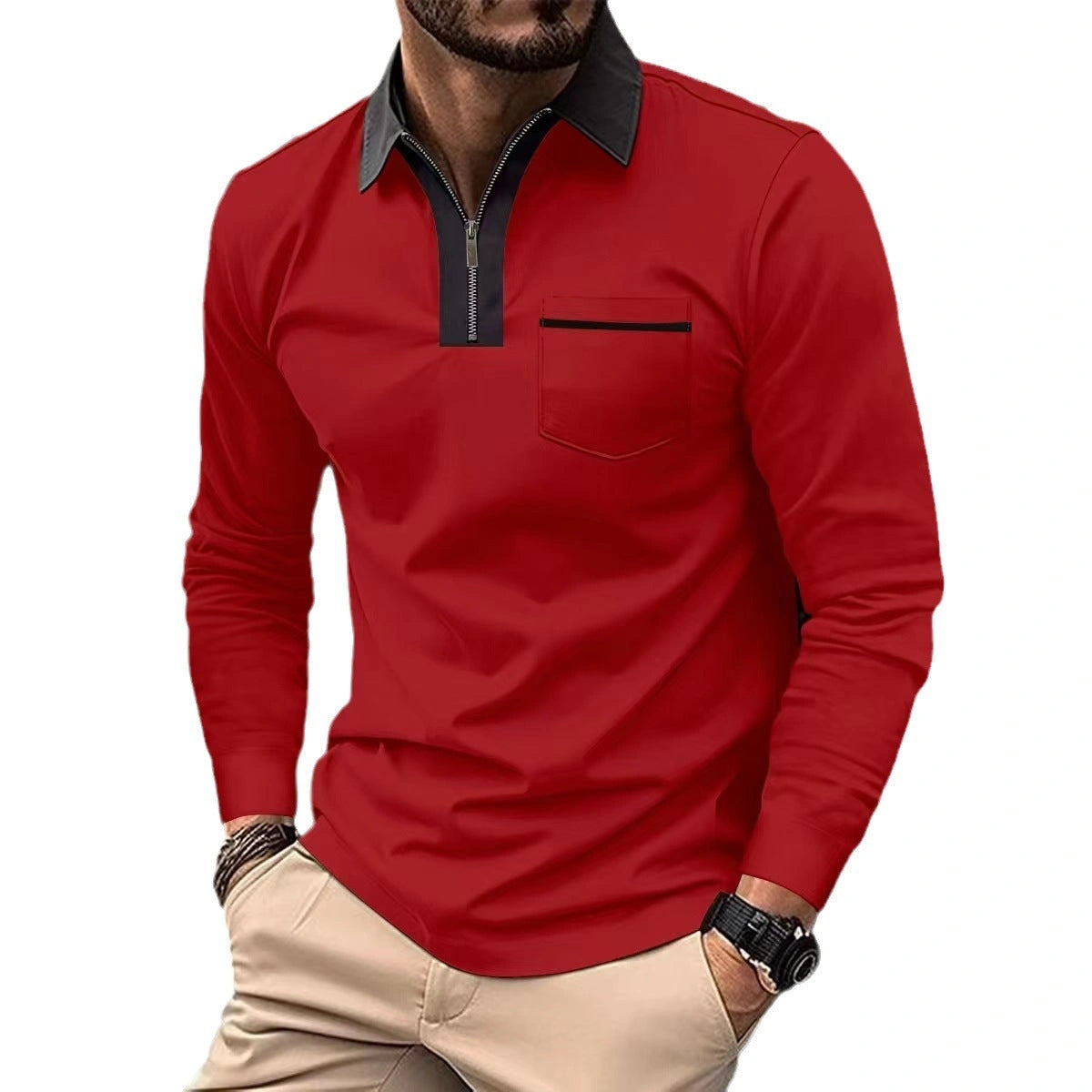 2024 Autumn Men's Long Sleeve Zipper Polo Shirts with Pockets