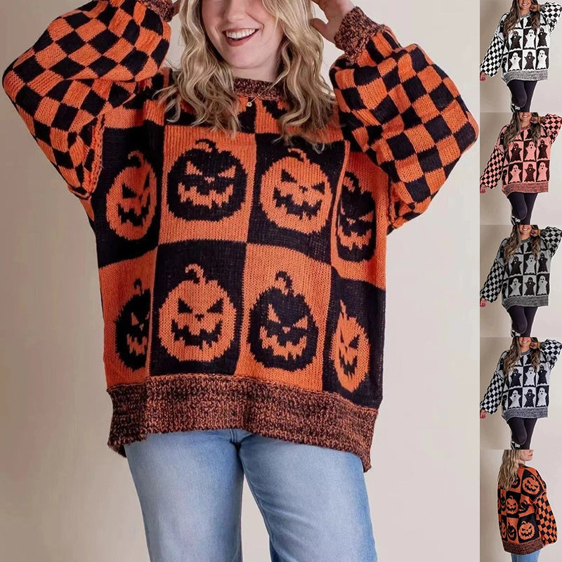 Halloween Cartoon Pumpkin Ghost Sweater in Spandex