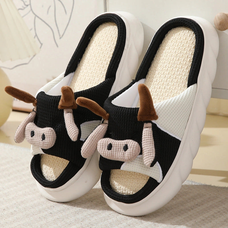 Cartoon Cow Frog Linen Slippers with Non-slip PVC Sole