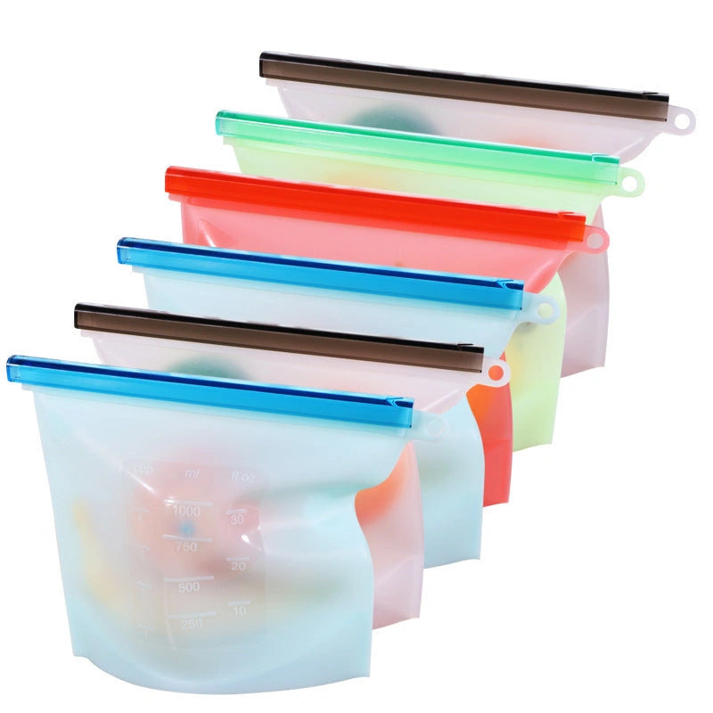 Edible silicone kitchen storage bags with vacuum seal and colour coding