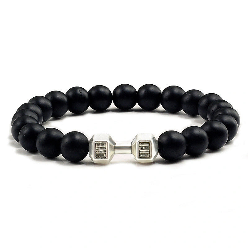 Men's Fitness Fashion Dumbbell Bracelet with Alloy Metal Barbell & Lava Rock Stone Beads