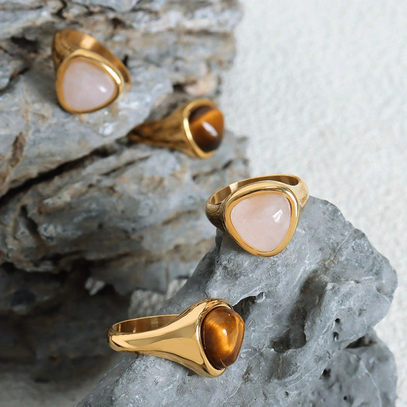 Titanium steel ring with natural stone and retro design