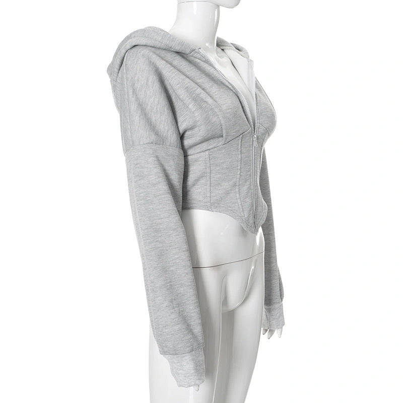 Slim-fit Zipper Hoodie Cardigan with Long Sleeves for Women