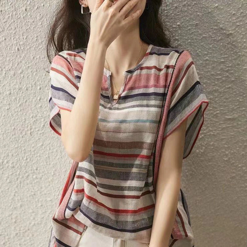 Striped V-neck Cardigan for Women in Loose Fit